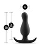 Black plug with flared anchor base and narrow neck. Plug features a slightly curved tip with a small bulbous area expanding into a larger long bulbous area near the base. Additional images show alternate angles and highlight features as listed in description and/or bullet points.