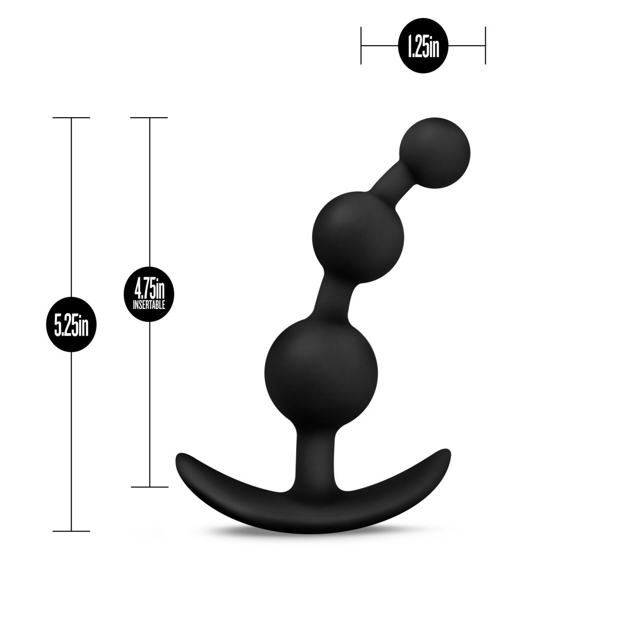 Black beaded flexible silicone butt plug with three progressively sized beads, starting with a small bead at the top, a medium bead in the middle, and a larger bead at the bottom. Features slim silicone necks between each bead and a slim flared base for safety and comfort. Additional images show alternate angles.