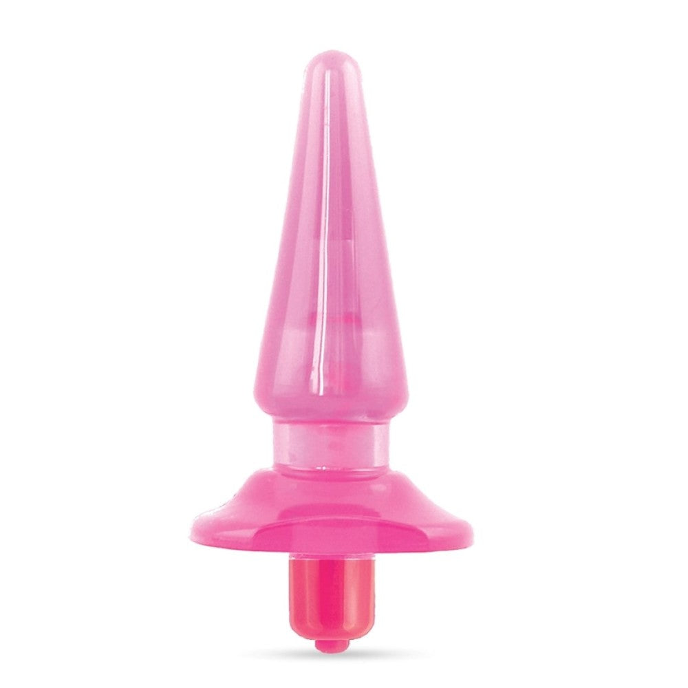 Pink translucent classic shaped butt plug with a tapered tip, slimmer neck and flared base. Features an opening at the bottom that fits the included small plastic removable bullet. Additional images show alternate angles.