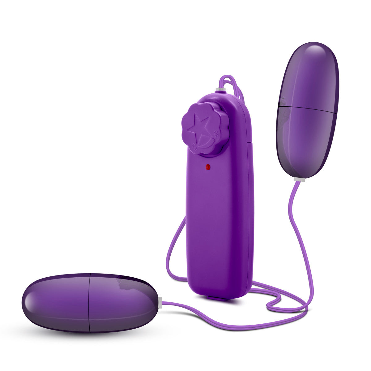 Two smooth purple plastic egg shaped bullets connected to a purple plastic controller by thin purple cables. Twist dial on controller to control intensity for both bullets at once. Additional images show alternate angles.