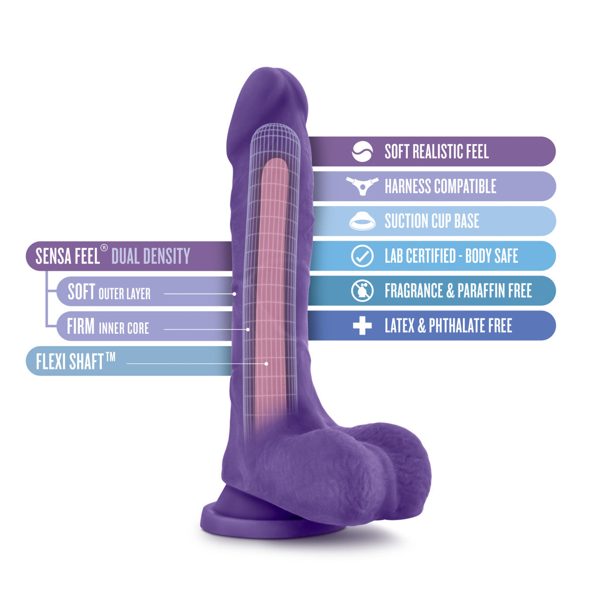 Purple realistic dildo featuring a slightly tapered head, veins along a straight but flexible shaft, and realistic balls. Suction cup base. Additional images show alternate angles.