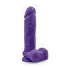 Purple realistic extra large dildo with a rounded head, veins along a straight but flexible shaft, realistic balls, and a suction cup base. Additional images show alternate angles.