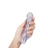 Clear vibrator. Petite size, curved for g-spot stimulation, variable intensities controlled by twist dial. Additional images show alternate angles.