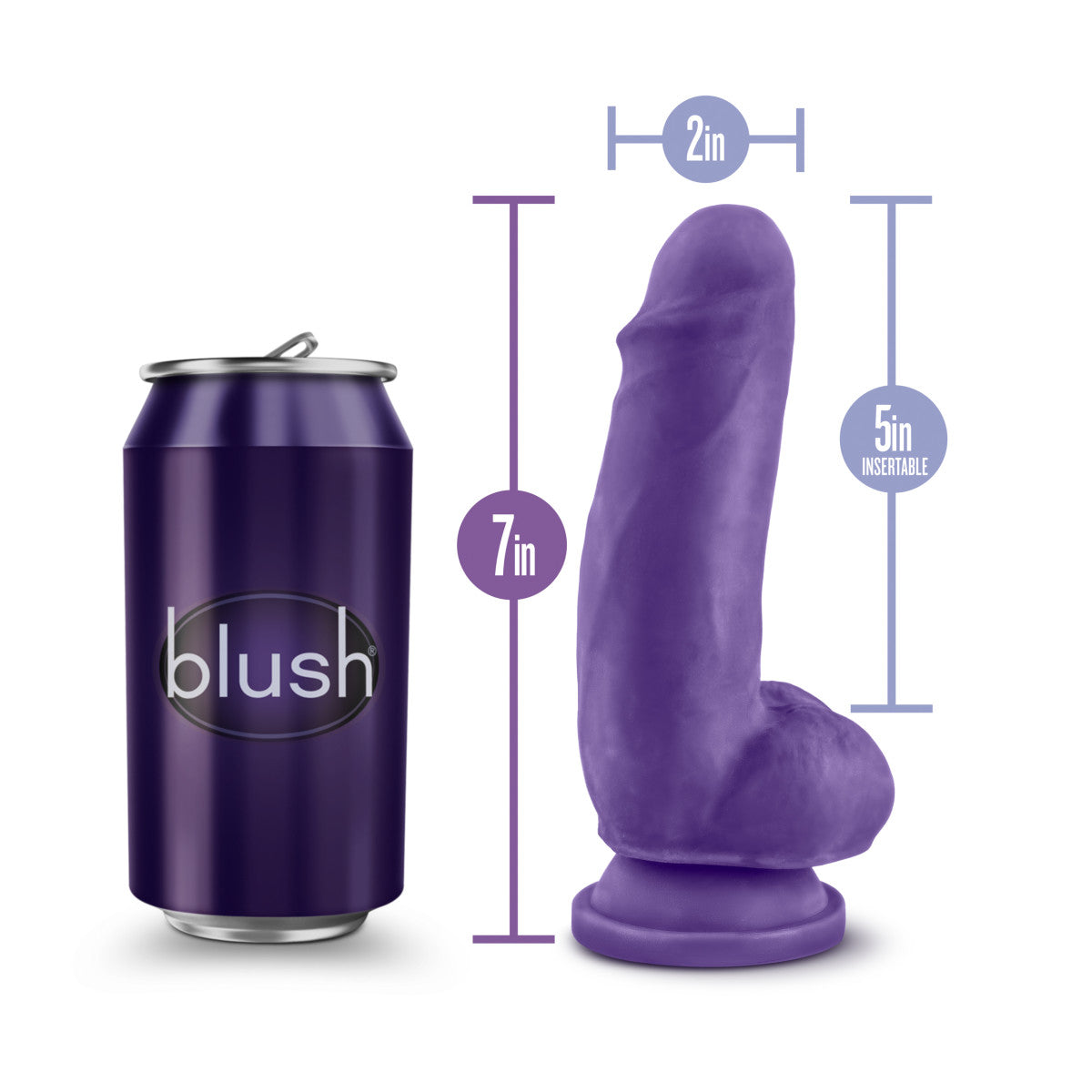 Purple realistic dildo with a rounded head, veins along a slightly downwardly curved shaft, realistic balls, and a suction cup base. Additional images show alternate angles.