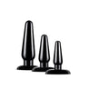 3 black plugs in different sizes with flared base and long tapered shape. Additional images show alternate angles and highlight features as listed in description and/or bullet points.