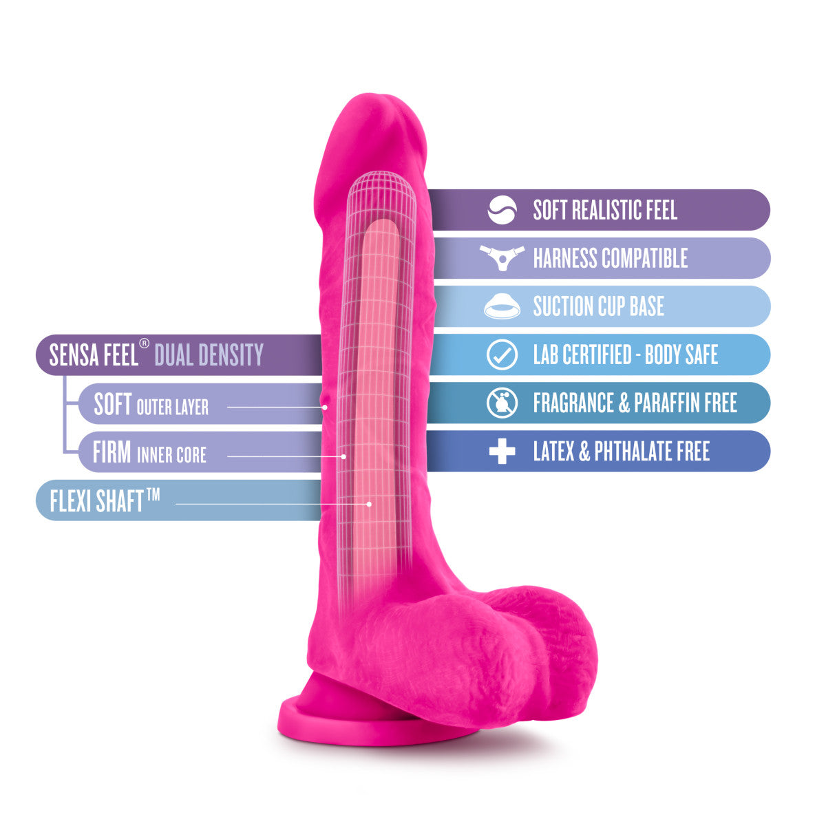 Pink realistic dildo featuring a slightly tapered head, veins along a straight but flexible shaft, and realistic balls. Suction cup base. Additional images show alternate angles.