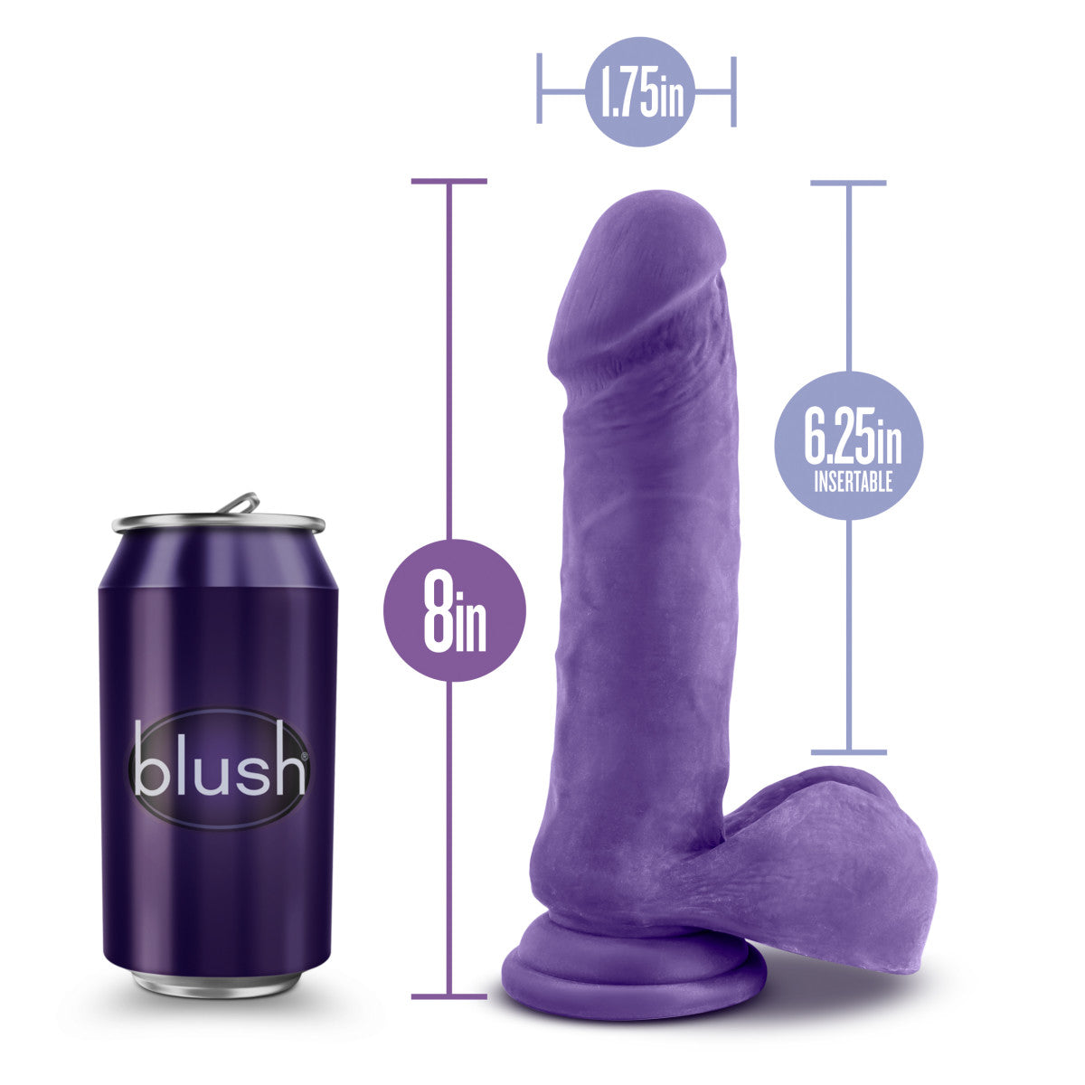 Purple realistic dildo with a rounded head, veins along a straight but flexible shaft, realistic balls, and a suction cup base. Additional images show alternate angles.
