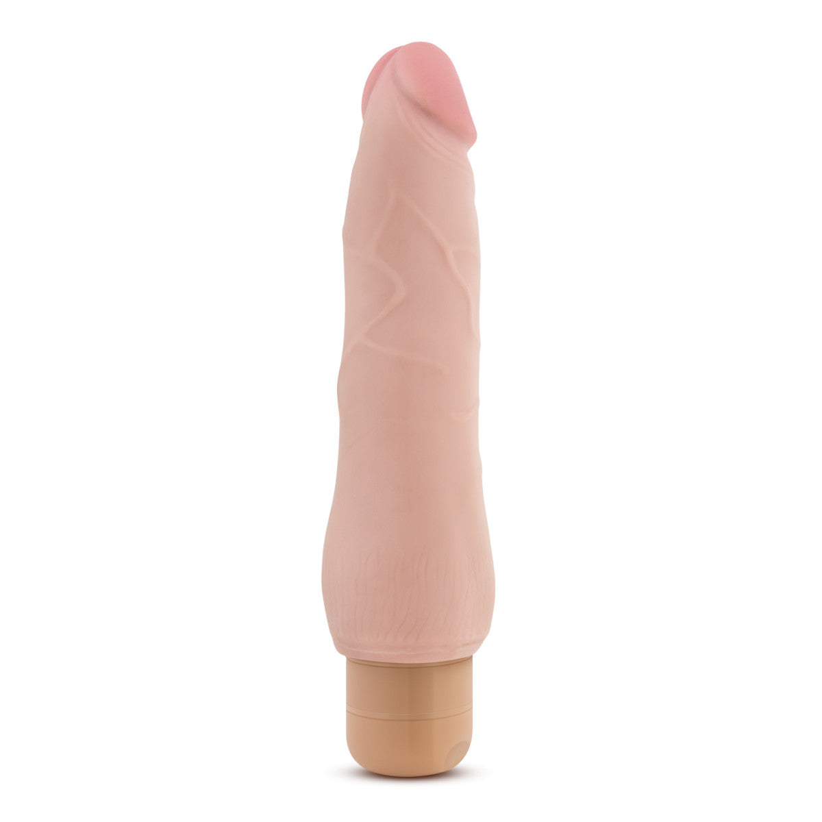 Vanilla skin tone realistic vibrating dildo. Defined pink head and subtle veins along the shaft. Twist dial on bottom to control intensity. Additional images show alternate angles.