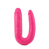 Pink double ended dildo with a realistic head on either end. One end is thicker than the other. Veins all along the U-shaped shaft that is very flexible. Additional images show alternate angles.