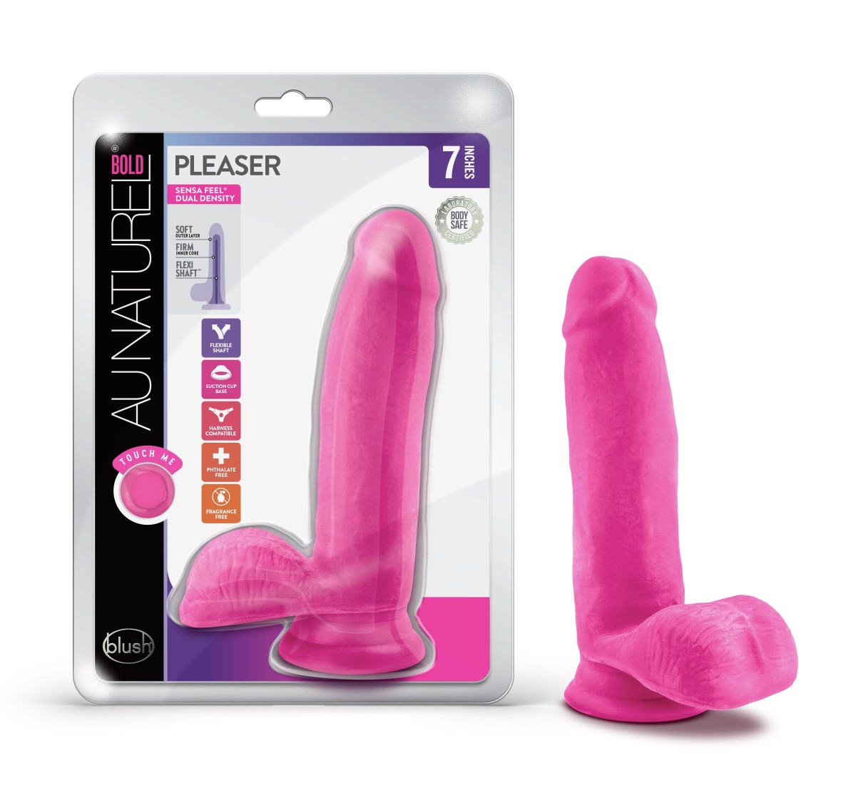 Au Naturel Bold Pleaser Realistic Pink 7-Inch Long Dildo With Balls & Suction Cup Base