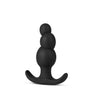 Black plug with flared anchor base and narrow neck. Plug features a slight curve with 3 beads of gradual size from small at the tip to larger near the base. There is almost no separation between each bead. Additional images show alternate angles and highlight features as listed in description and/or bullet points.