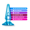 Blue classic shaped anal plug with a tapered tip, slim neck, and flared base. Features an opening at the base that accommodates a vibrating bullet. Bullet not included. Additional images show alternate angles.