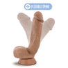Mocha skin tone ultra realistic dildo. Featuring a defined rounded head, subtle veins along the straight but flexible shaft, and realistic balls. Suction cup base. Additional images show alternate angles.
