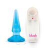 Blue translucent classic shaped butt plug with a tapered tip, slimmer neck and flared base. Features an opening at the bottom that fits the included wired egg shaped bullet. Twist dial on controller adjusts intensity. Additional images show alternate angles.
