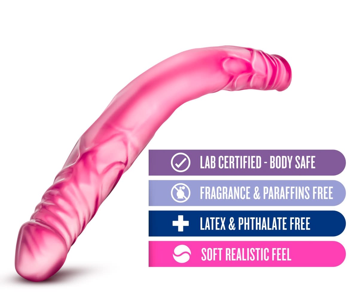 Translucent pink long, straight double dildo with a realistic head on either end and subtle veins throughout the entire length.  Additional images show alternate angles.