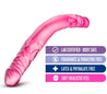 Translucent pink long, straight double dildo with a realistic head on either end and subtle veins throughout the entire length.  Additional images show alternate angles.
