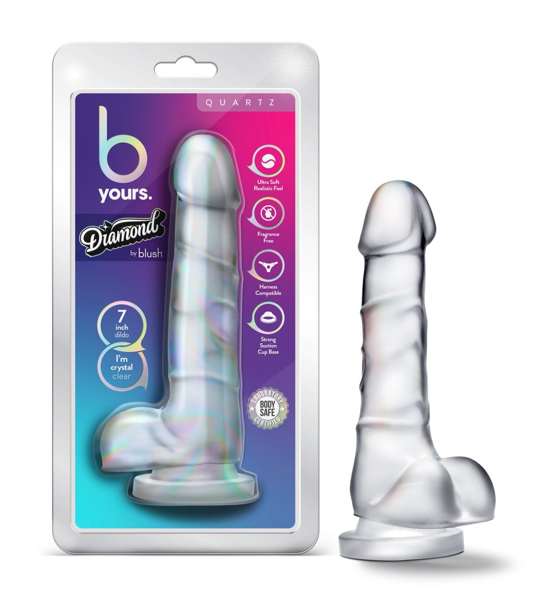 Blush B Yours Diamond Quartz Realistic Clear 7.5-Inch Long Dildo With Balls & Suction Cup Base