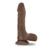 Chocolate skin tone realistic dildo. Featuring a tapered head, veins along a straight but flexible shaft, and realistic balls. Suction cup base. Additional images show alternate angles.