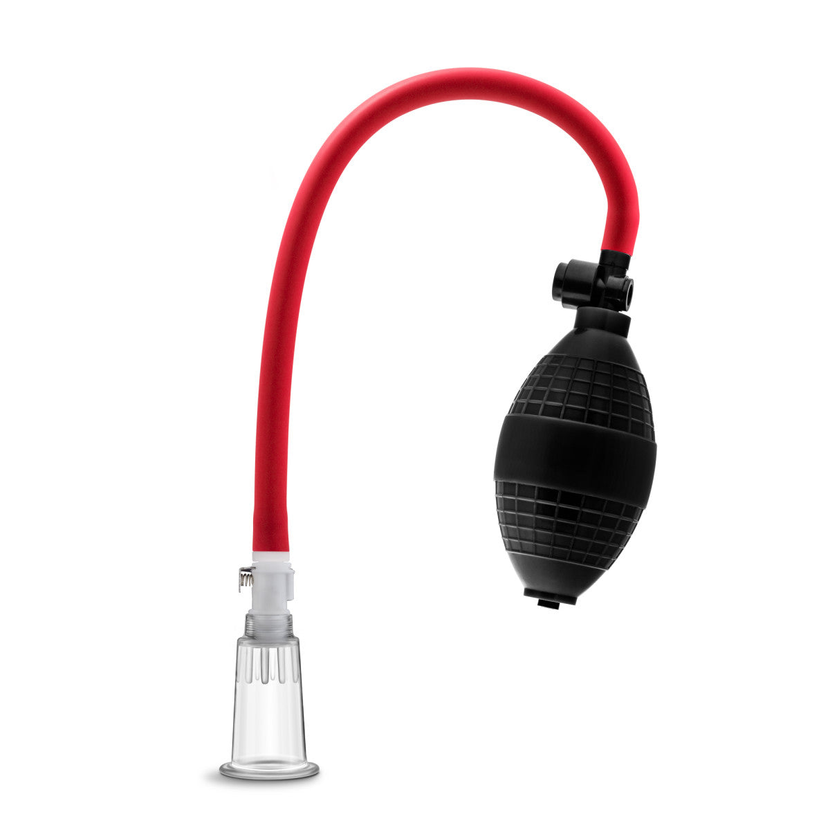 Clear cylinder with safety release valve connected to black squeezable ball pump by red silicone hose.  Additional images show alternate angles.