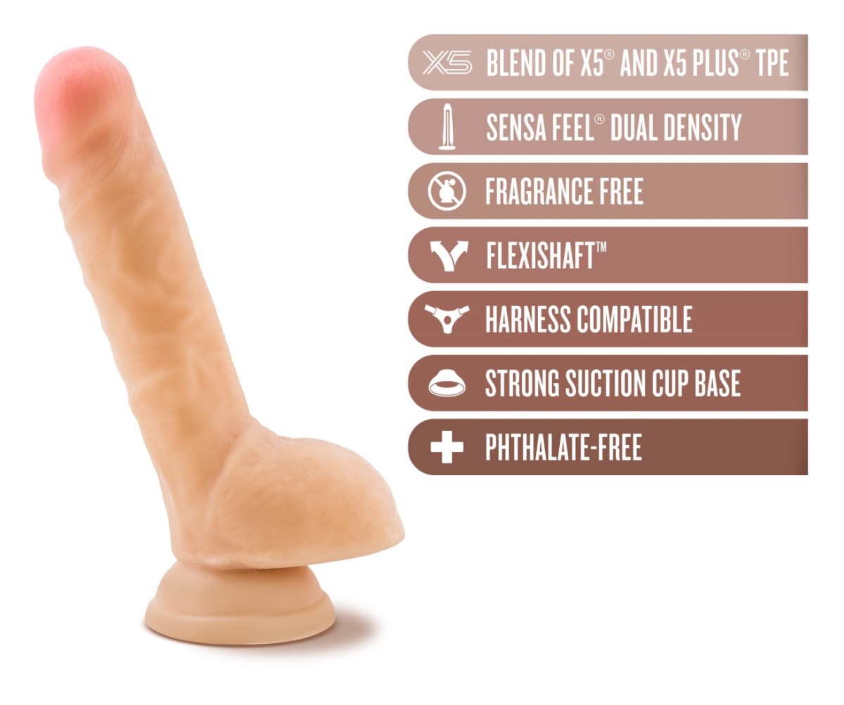 Vanilla skin tone realistic dildo. Featuring a subtle realistic head. Head is slightly tinted in a pink color for a lifelike look. Many veins along the straight but flexible shaft. Round realistic balls. Suction cup base. Additional images show alternate angles.