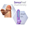 vanilla skin tone vibrating dildo features a rounded head and smooth shaft. Shaft is thick, long, and straight. Suction cup bottom also serves as twist dial to adjust intensity.  Additional images show alternate angles.
