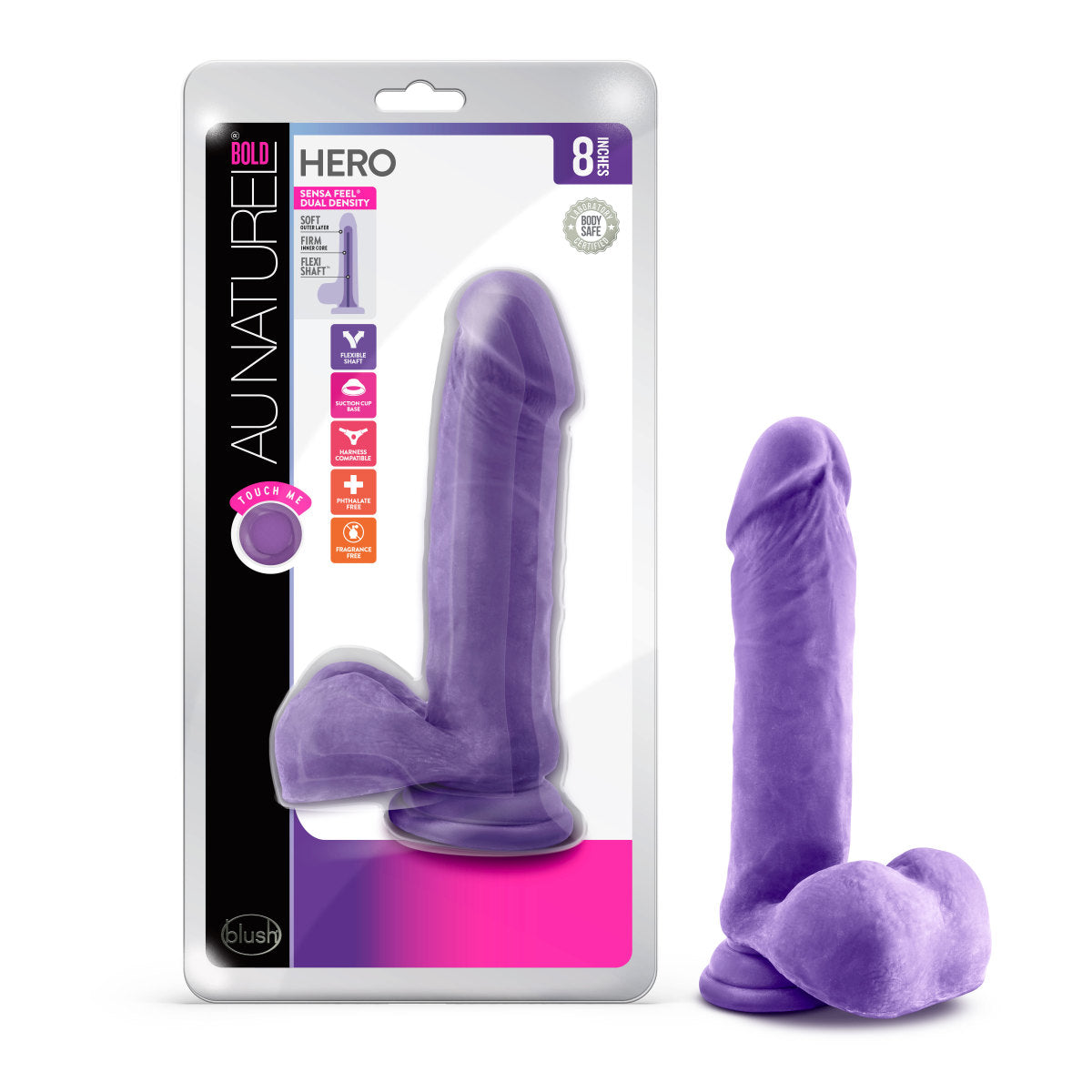 Au Naturel Bold Hero Realistic Purple 8-Inch Long Dildo With Balls & Suction Cup Base
