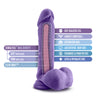 Purple realistic dildo with a rounded head, veins along a straight but flexible shaft, realistic balls, and a suction cup base. Additional images show alternate angles.