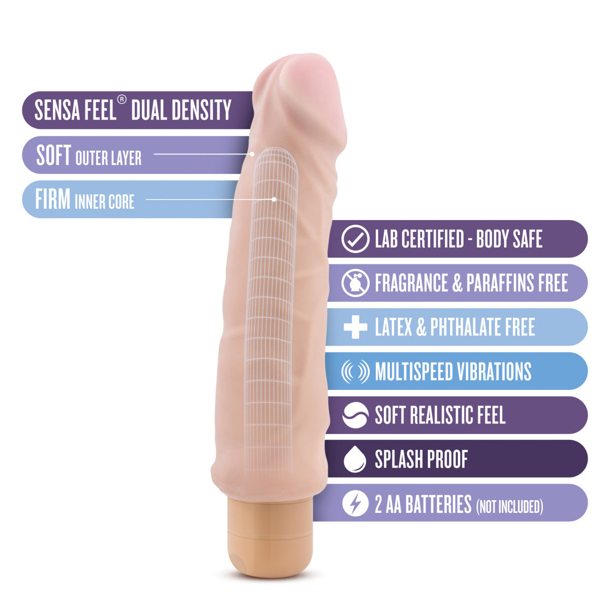 Ultra realistic, vanilla skin tone vibrating dildo with a defined head and subtle veins along the shaft. Long shaft with a very slight curve. Twist dial on bottom to adjust intensity.  Additional images show alternate angles.