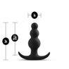 Black plug with flared anchor base and narrow neck. Plug features 3 beads of gradual size from small at the tip to larger near the base. Between each bead is a short narrow area separating the three. Additional images show alternate angles and highlight features as listed in description and/or bullet points.
