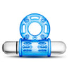 Blue stretchy cock ring with 3 small vents and soft TPE beads around the ring. Connected to a removable small vibrating silver bullet on top that has soft ridges for added pleasure to the receiver or wearer, depending on use. Bullet has a single button on the bottom of the cap for easy operation. Additional images show alternate angles.